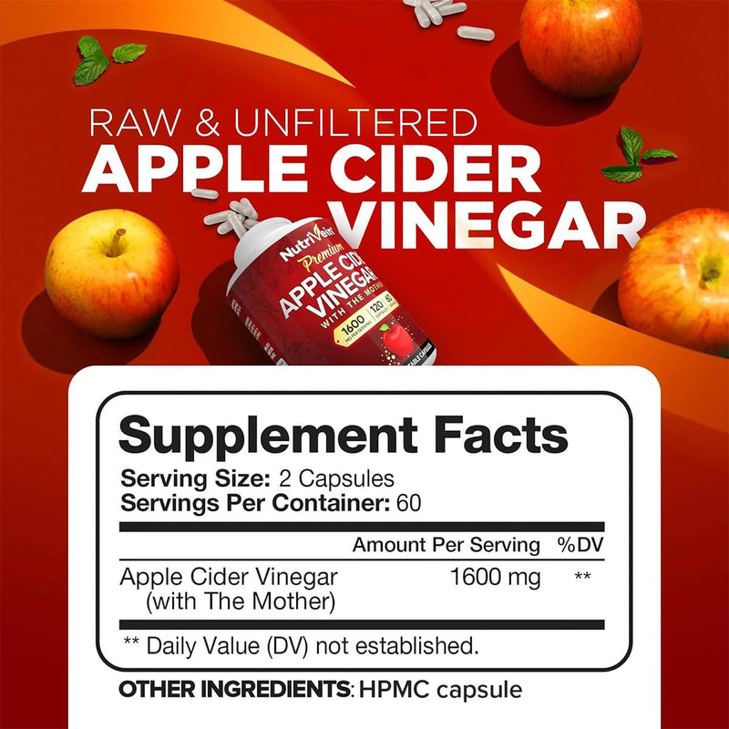 Nutrivein Premium Apple Cider Vinegar Supplements - 1600 mg - 120 Caps 120 Count (Pack of 1)