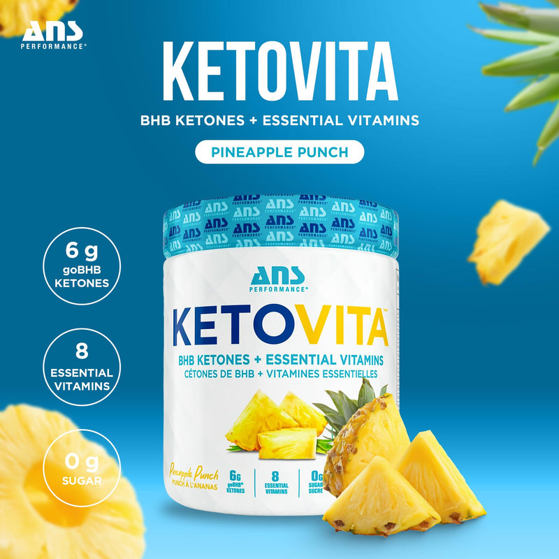 ANS Performance Ketovita BHB Ketones + Essential Daily Vitamins, 232g (30) Servings (Pineapple Punch)