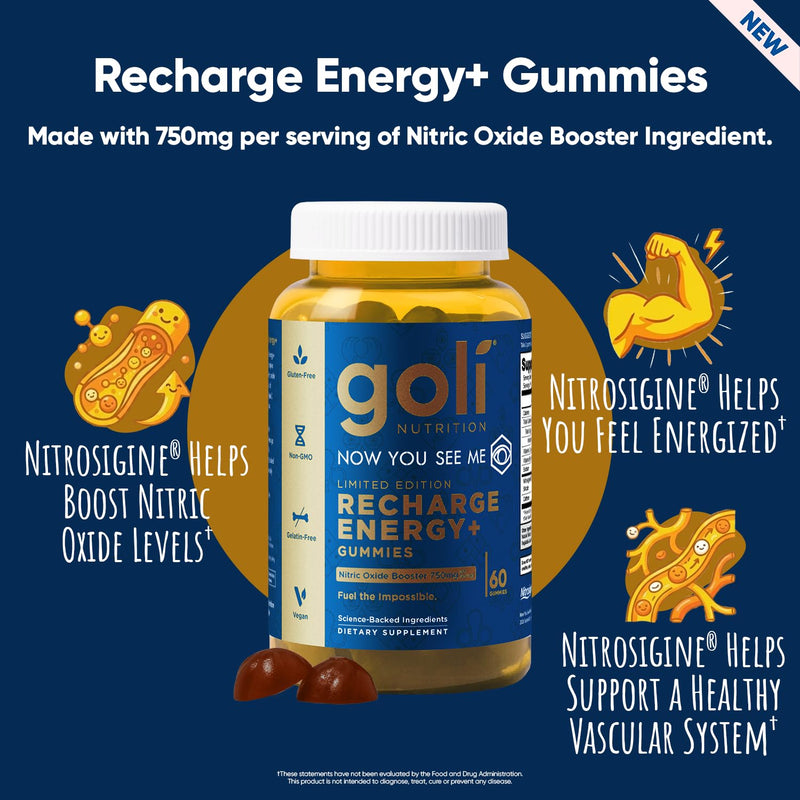 Goli Recharge Energy+ Gummies, Nitrosigine® Bonded Arginine Silicate, Vitamin C & Vitamin B6, 60 Gummies, Vegan, Non-GMO, Gluten-Free, Gelatin-Free