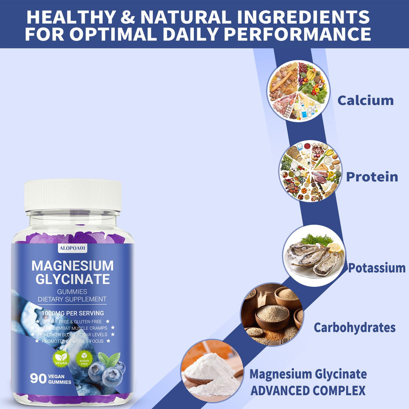 Magnesium Glycinate Gummies 1000mg, Non-GMO, Gluten-Free, Magnesium Supplement Gummies for Adults & Kids, Sleep, Relaxation & Focus, Blueberry Flavor, 90 Count