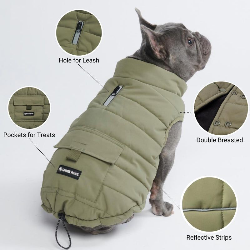 Spark Paws Dog Winter Jacket, Water-Resistant Coat, Warm Reflective Windproof Fleece-Interior, for Medium and Large Dogs - Olive - 3XL 3XL: 60-80lbs - BeesActive Australia