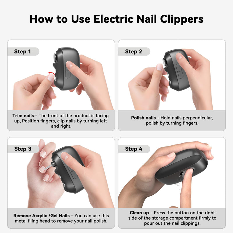 Electric Nail Clipper, 3-in-1 Automatic Fingernail Trimmer Polisher with LED Light, Clip Storage, 2-Speed, Rechargeable Nails Cutter Safe Easy Use for Seniors, Baby, Adult, Kids, Whole Family, Black