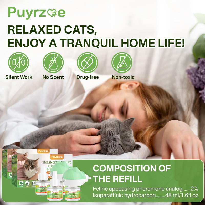 puyrzoe Cat Calming Diffuser with 3 Timing Functions, 6-in-1 Cat Pheromones Calming Diffuser Kit, 120-Day Anxiety Relief, Stress Reduction & Relaxation for All Cats (2 Diffusers + 4 Refills) 2 Diffuser + 4 Refill
