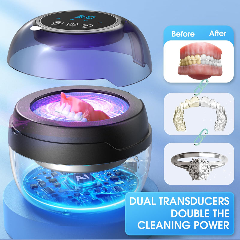 AI Ultrasonic Retainer Cleaner, 250ML Retainer Cleaner Machine for Dentures, Mouth Guards, Braces, Toothbrush Heads, Jewelry, Ring, 50kHz Digital ultrasonic Cleaner with 4 Modes (Black) Black