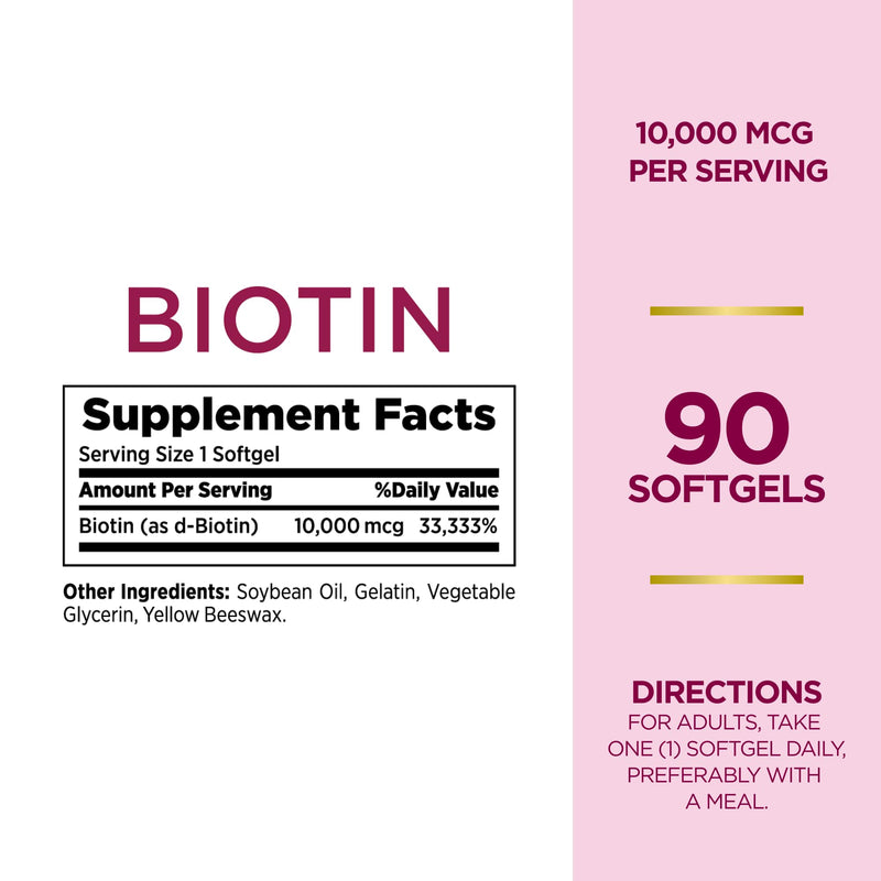 Nature's Bounty Biotin 10000mcg Supplement, Supports Healthy Hair, Skin and Nails, Optimal Solutions Hair Vitamin with Biotin, 90 Rapid Release Liquid Softgels (Pack of 2) 90 Count (Pack of 2)