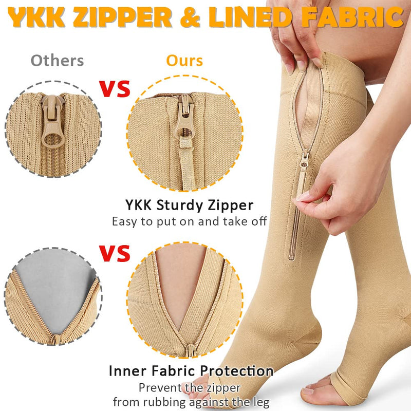 CASMON 15-20mmHg Zipper Compression Socks for Women and Men, Knee High Compression Stockings, Medical Open Toe Support Socks for Varicose Veins, Post-surgery, Swelling, Nurses, Pregnancy (1 Pair) XX-Large Beige