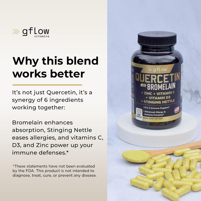 gflow vitamins Quercetin with Bromelain, Stinging Nettle Supplement, Zinc Vitamin C Vitamin D | Non-GMO, Gluten-Free | Made in USA | 4 Months Supply 120 Count (Pack of 2)