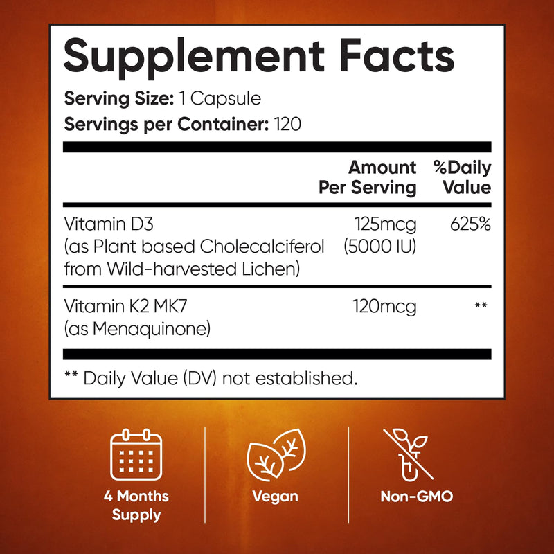 WeightWorld Vitamin D3 K2 5000IU Capsules for Bone Strength, Teeth, Immune Health & Maximum Calcium Absorption - 120 Ct - K2 D3 Vitamin Supplements - Vegan D3 and K2 Supplements, Non-GMO, Gluten-Free Vitamin D3K2 5000IU capsules