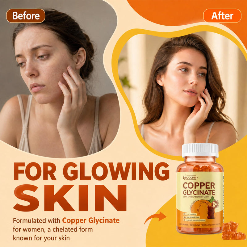 Copper Gummies, Skin & Hair Health, 2mg Chelated Copper Glycinate for Women | Copper Glycinate Gummies with Vitamins C, B6, B12 & Folate for Red Blood Cell Formation, Energy Metabolism & Immune Support