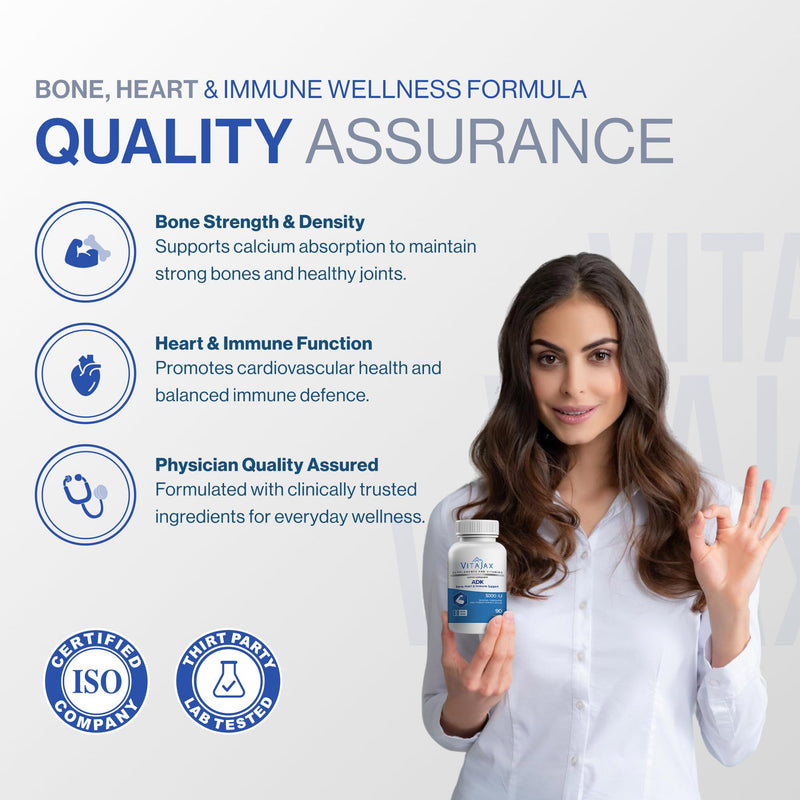 ADK - Vitamin ADK Supplement, 90 Capsules - High Potency Vitamin A, D3 (5,000 IU) K2 as MK-7 for Bone, Heart & Calcium Absorption – Non-GMO, Gluten Free (3 Month Supply) 90 Count (Pack of 1)