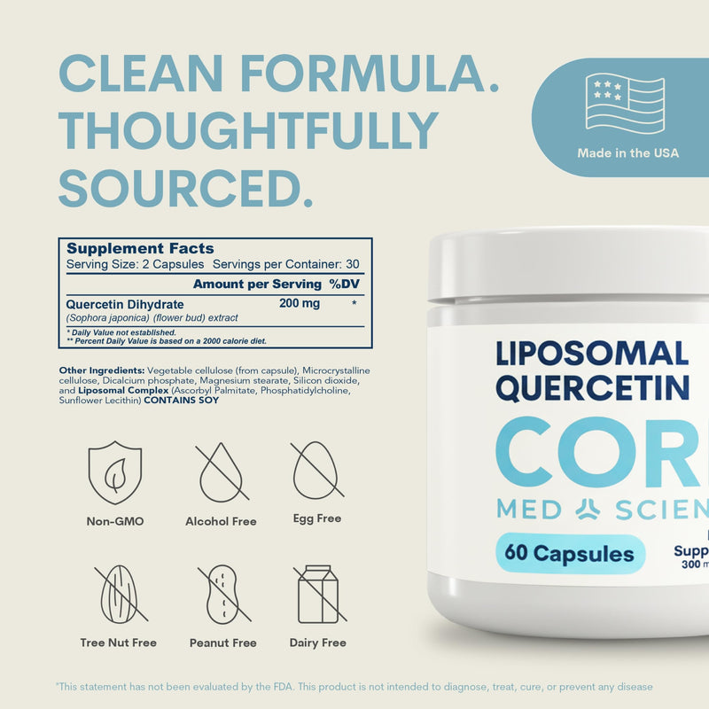 Core Med Science Liposomal Quercetin Supplement, 200mg | Physician Formulated Supports Histamine Balance, Immune Support & Antioxidant Defense - High Absorption Bioavailable Capsules 60 Count (Pack of 1)