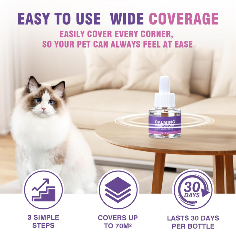 Cat Calming Pheromone Diffuser Refills 4 Pack Anxiety and Stress Calming for Cats Reduce Inappropriate Peeing and Spraying Fragrance Free for Bedroom Bathroom Reduces Conflict in Multi-Cat Households Purple