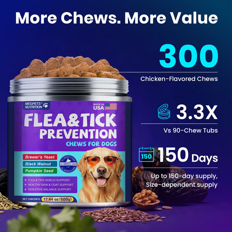 Flea and Tick Support for Dogs Chewable, 300 Soft Chews, Skin & Coat Support, Digestive Support, Chicken Flavor, All Breeds & Sizes 300 Counts