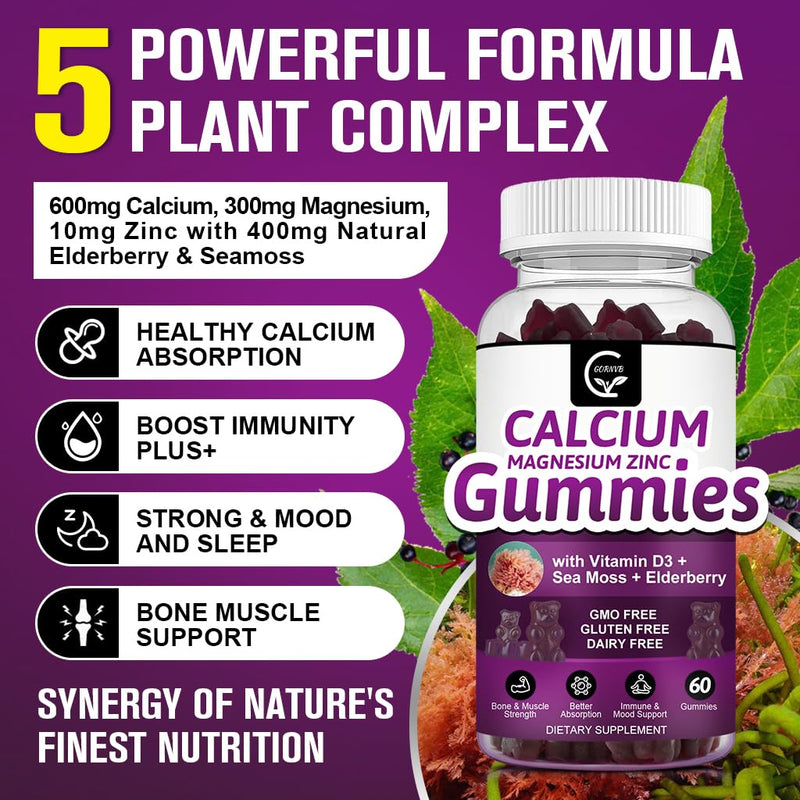 Calcium Magnesium Zinc Gummies with High Absorption Magnesium Glycinate 300mg, Potassium - Plant Complex Calcium Magnesium 2:1 Ratio, with D3 Sea Moss for Bone, Immune & Sleep Support, Vegan-1 Pack 60 Count (Pack of 1)