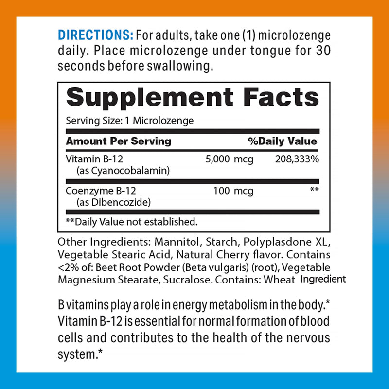 Vitamin World Vitamin B-12 5000 mcg, Sublingual 60 Microlozenges | Supports Energy Metabolism, Supports Heart Health, Gluten Free 60 Count (Pack of 1)