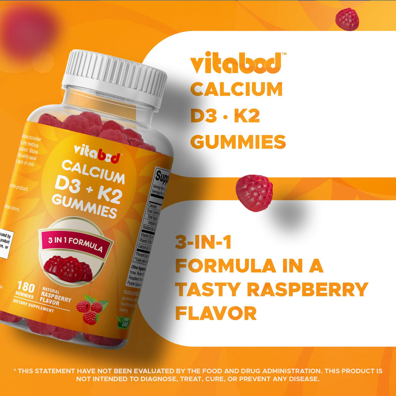 Vitabod Vitamin D3 + K2 Gummies – Bone & Heart Health Support – 180 Pectin-Based Vegan Gummies