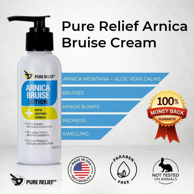 Pure Relief Arnica Cream Bruise Relief Lotion For Bruising | Arnica Montana Extra Strength Vitamin K Cream | Moisturizing Formula Skin Care Gel With Horse Chestnut & Collagen, 4 Fl Oz, 3PC 4 Fl Oz (Pack of 3)