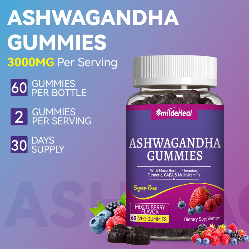 Ashwagandha Gummies 3000mg for Calm & Stress Relief, 120 Count, Vegan | Ashwagandha High Strength Root Extract Supplement with L-Theanine, Trumeric, D3 for Women & Men - Natural Mixed Berry Flavor 60 Count (Pack of 2)