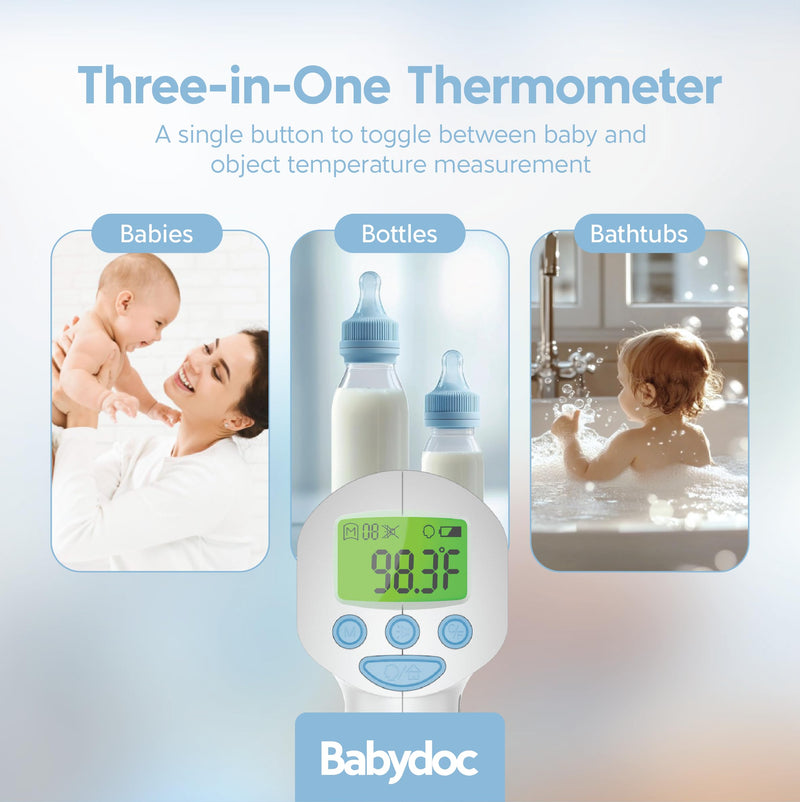 Babydoc Medical Grade FSA-HSA Eligible Baby Thermometer for Kids, AccuTemp German Sensor, 3-in-1 Safe Non-Contact Infrared Forehead Thermometer, Object Mode for Milk or Bathwater, Infants, Children Blue