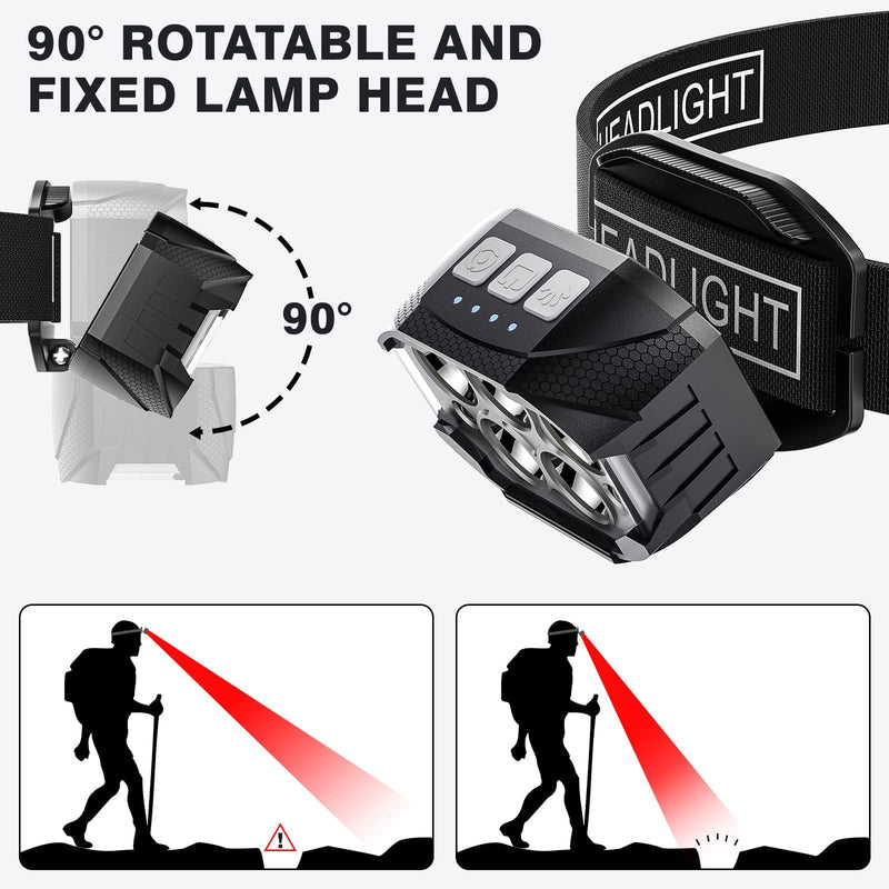 Headlamp Rechargeable, 2 Pack Head Lamp, 1200 Lumen Super Bright Motion Sensor LED Headlamps, Waterproof Head Flashlights with White Red Light, 12 Modes Headlamp Flashlight for Camping Cycling Running