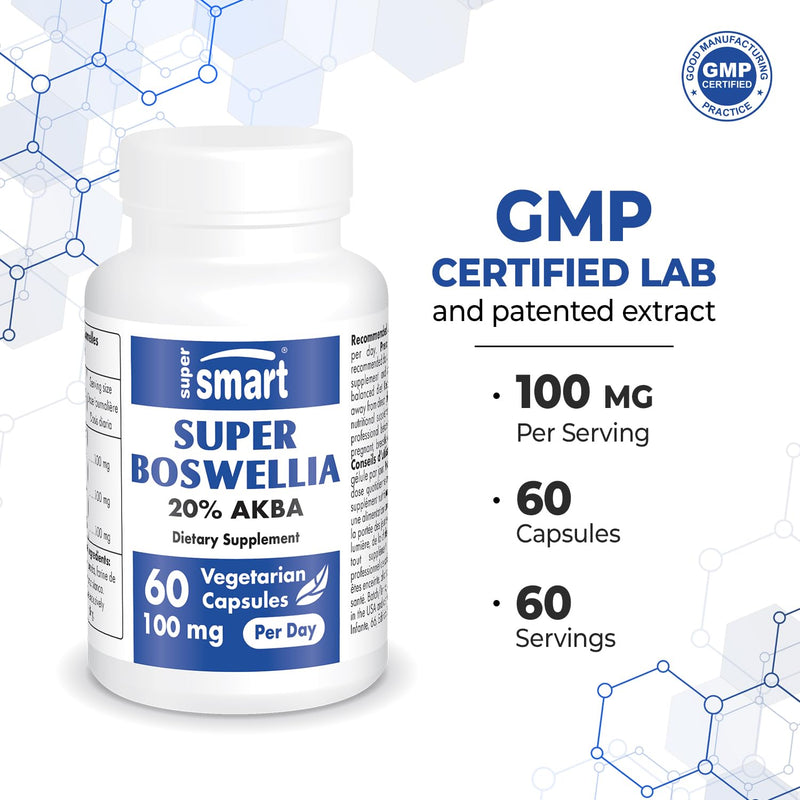 Supersmart - Super Boswellia Extract 100mg per Day (Patented & High Strength) - ApresFlex Boswellia Serrata Supplement - 20% AKBA | Non-GMO & Gluten Free - 60 Vegetarian Capsules - BeesActive Australia