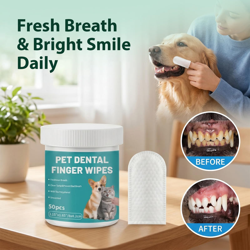 FunnAura 100 Pcs Natual Pet Dental Cleaning Finger Wipes, Plant-Based Disposable Cat Dog Teeth Cleaning Finger Pads for Freshens Breath, Soothes Gums & Tartar Remover