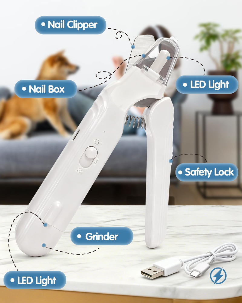 2-in-1 Dog Nail Clippers & Grinder with LED Light, Quiet Electric Pet Nail Trimmer for Large Medium Small Dogs Cats, Rechargeable Safety Guard for Black Nails, Painless Grooming Kit