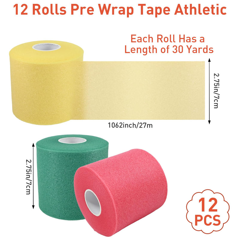 12 Pcs Pre Wrap Tape,2.75 Inch X 10.6 Inch,(360 Yards) Pre Wrap Foam Underwrap Sports Pre-Wrap Tape,Pre Wrap Athletic Tape for Sports,Hair,Ankles,Hands and Knees,Water-Resistant,(12 Colors) - BeesActive Australia