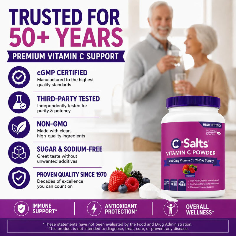 C-Salts Buffered Vitamin C Powder - Pure Organic, Stomach Friendly Ascorbic Acid VIT C Drink for Daily Immune Support & Collagen Production - Vegan Non GMO Sugar Free - 84 Servings Mixed Berry, 8oz 8 Ounce (Pack of 1)