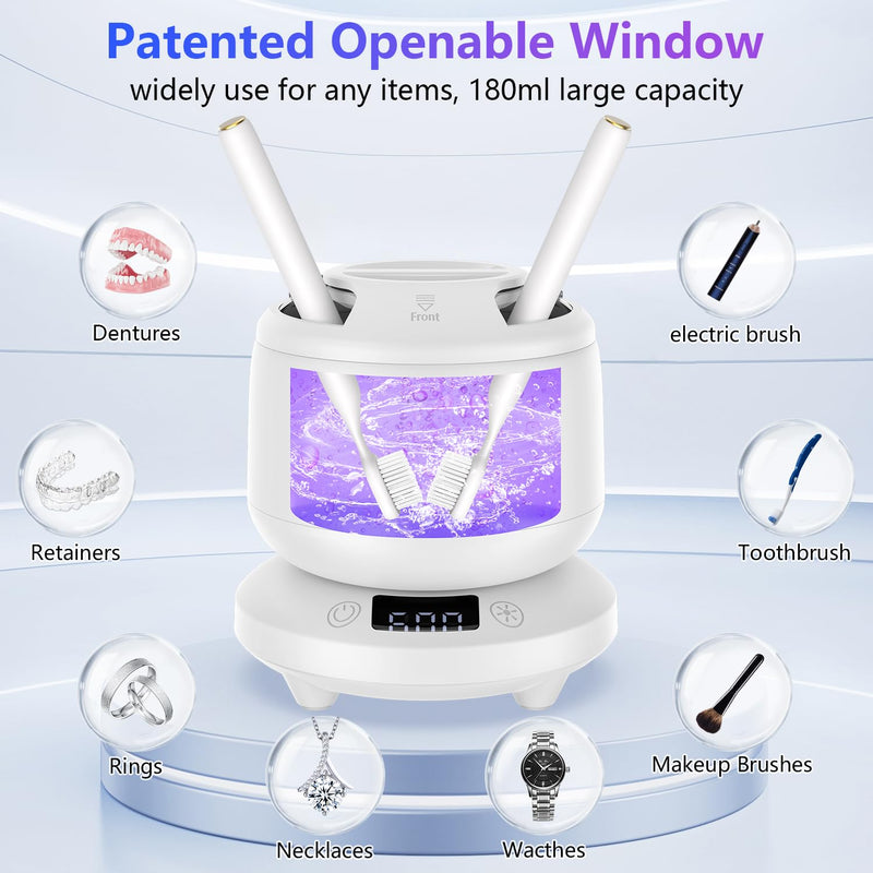 2025 Ultrasonic Retainer Cleaner for Dentures & Aligner, Durable Removable Base and Top Cover, Denture Cleaner Machine with 4 Modes for Mouth Guards, Jewelry, Rings, etc (White) Milky White