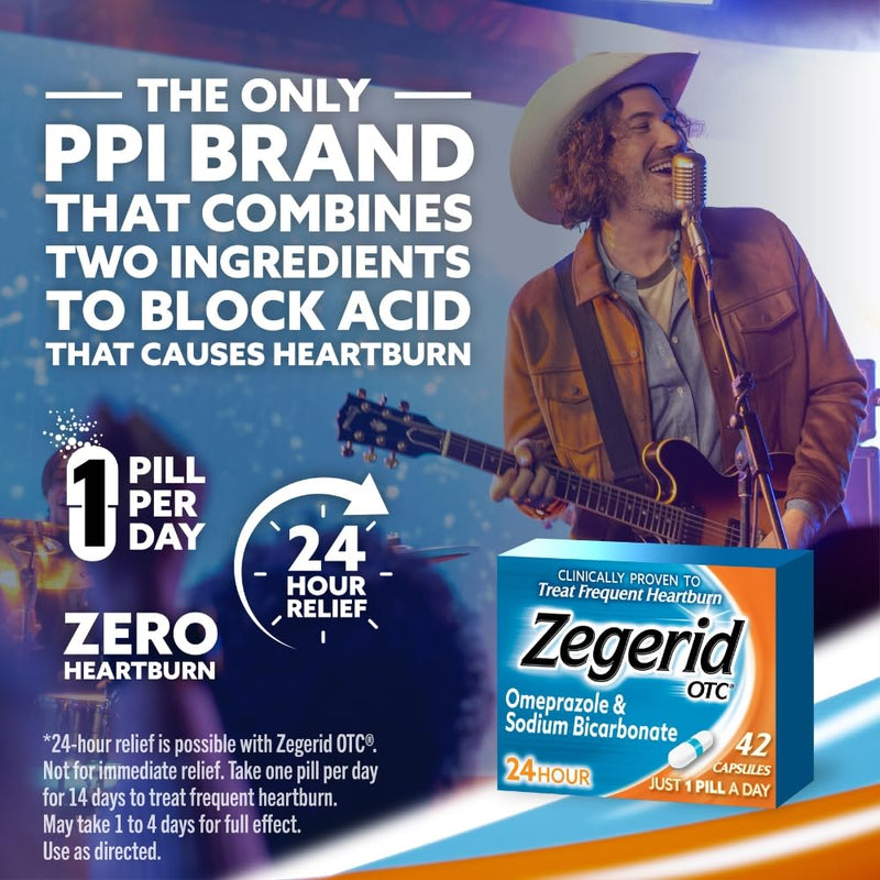 Zegerid OTC, 24-Hour Heartburn Relief, Acid Reflux Medicine and Antacid, Treats Frequent Heartburn, Omeprazole 20mg + Sodium Bicarbonate, Proton Pump Inhibitor (PPI), 42 Capsules 42 Count (Pack of 1)