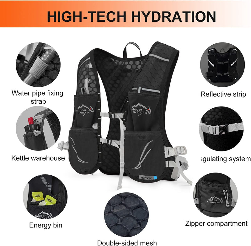 INOXTO Hydration Vest Backpack,Lightweight Water Running Vest Pack with 1.5L Water Bladder Bag Daypack for Hiking Trail Running Cycling Race Marathon for Women Men Black white