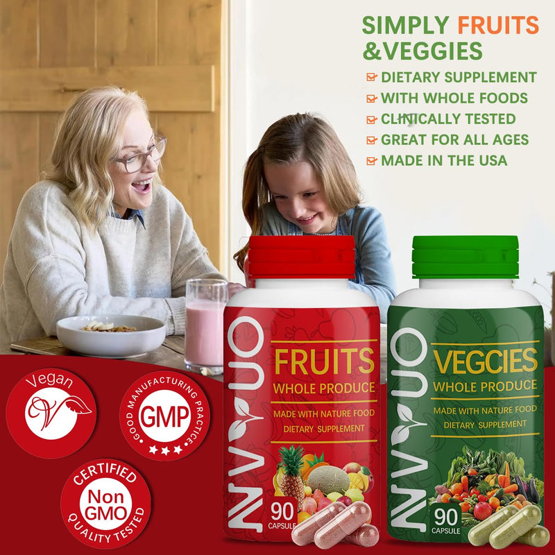 Fruits & Veggies Capsules - 90 Fruit and 90 Veggie Whole Food Supplement - Supports Energy Levels, High Lycopene, Vitamins & Minerals