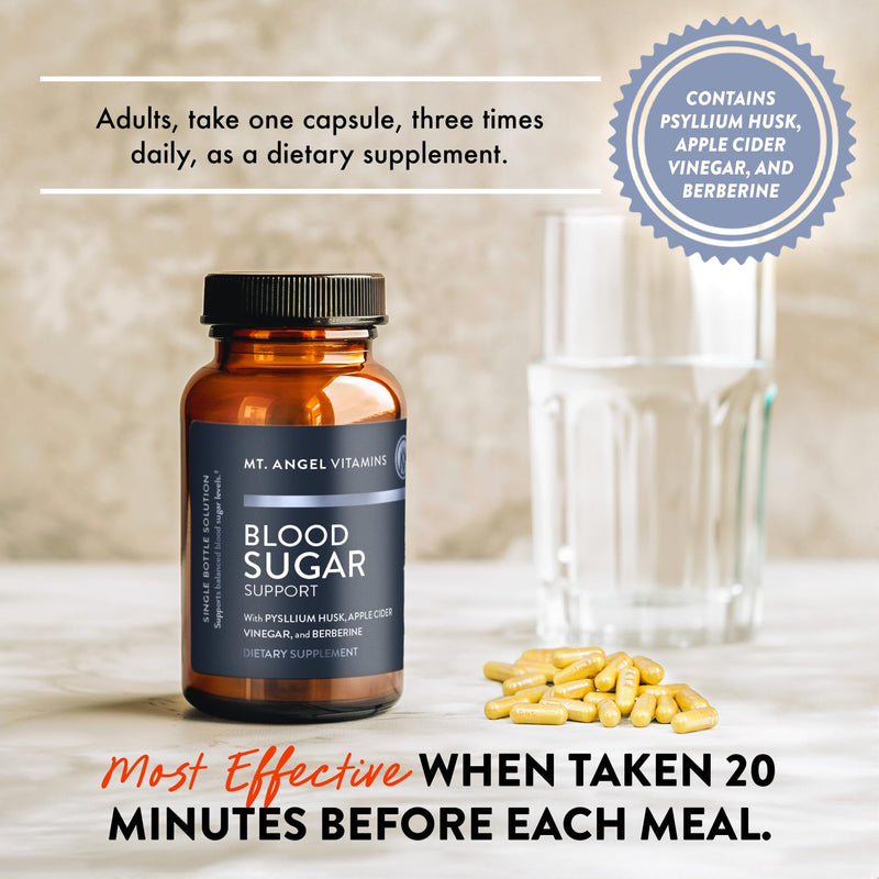 Mt. Angel Vitamins Blood Sugar Support Supplement - Natural Supplement with Pysllium Husk, Berberine with Ceylon Cinnamon, and Apple Cider Vinegar - Supports Healthy Blood Sugar Levels - 60 Capsules