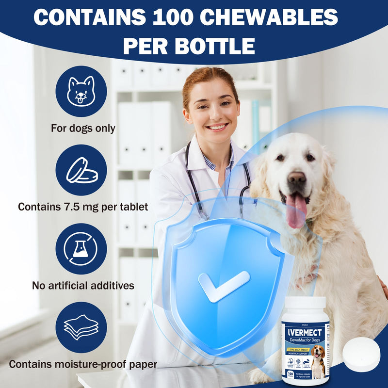 lvermect Tablets for Dogs 7.5mg – 100 Chewable Tablets for Gut Health & Digestive Support, Monthly Wellness Supplement for Small Medium Large Dogs, Support Immune Balance & Comfortable Digestion