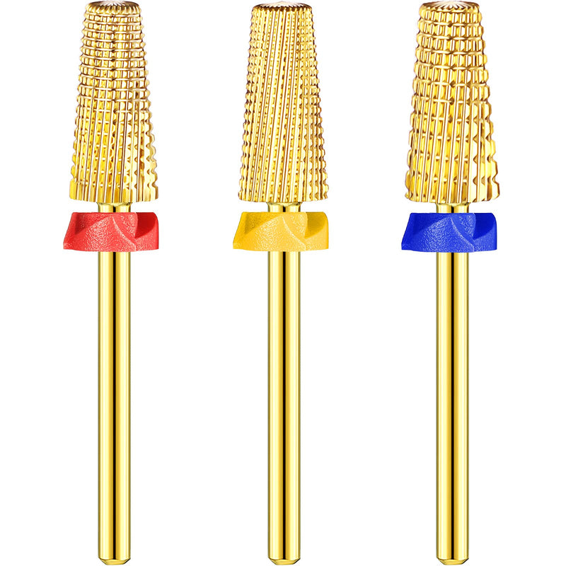 Honoson 3 Pcs Carbide Nail Drill Bits 5-in-1 Fast Gel & Acrylic Removal, Two-way Rotate for Left & Right Handed Xf, F, M, 3/32 Inch Professional Manicure Tool(Gold) Gold - BeesActive Australia