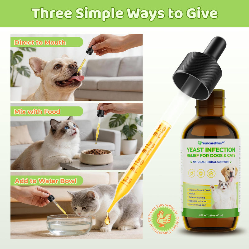 Natural Yeast Relief Drops for Dogs & Cats – 2 fl oz Herbal Ear & Skin Support for Itching, Paw Licking, Hot Spots & Odor Control – Apple Cider Vinegar & Goldenseal – Chicken Flavor Liquid Drops