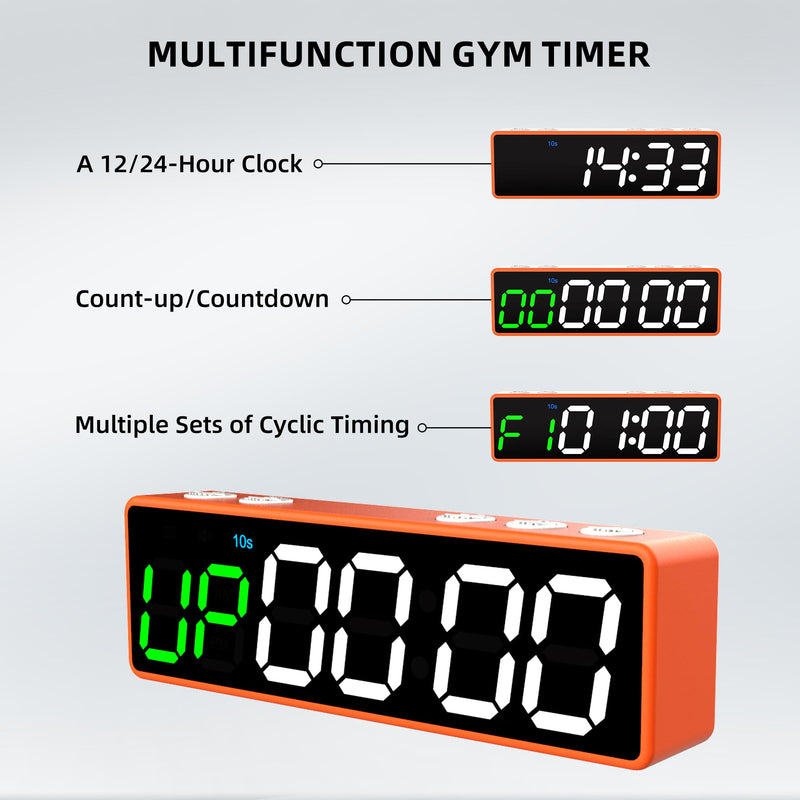 Mini Portable Gym Timer Clock, Large LED Digital Display Screen, Powerful Magnet, Powerful Battery, Count up/Down, Stopwatch, Exercise Interval Timer, Eight Fitness Modes, Suitable for Home and Gym Orange