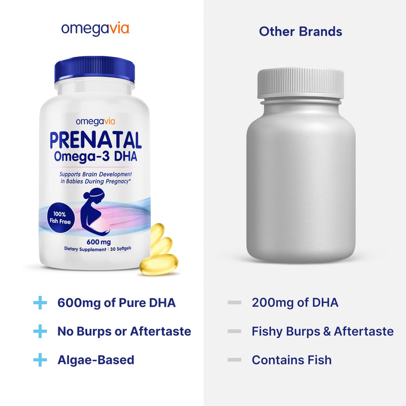 OmegaVia Prenatal DHA 600mg, Fish Oil Free Omega 3 Supplement (30 Softgels) | Algae Omega 3, Pregnancy & Lactation Safe, Supports Baby's Brain & Eye Health, Burpless, Gluten Free, Non-GMO, 30-Day Supply 30 Count (Pack of 1)