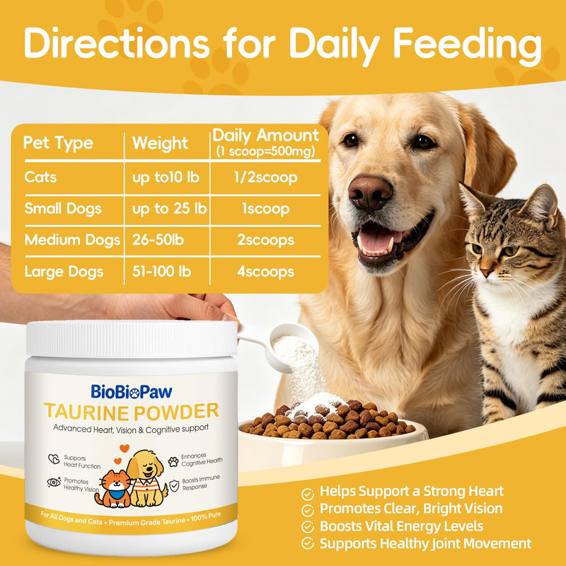 Pure Taurine for Dogs & Cats Taurine Powder Supplement for Pet Puppy Kitty 500mg Unflavored Easy-to-Mix Taurine Supplement for Doggy Supports Immune Heart Vision Skin Vitality Made in USA 200 Grams