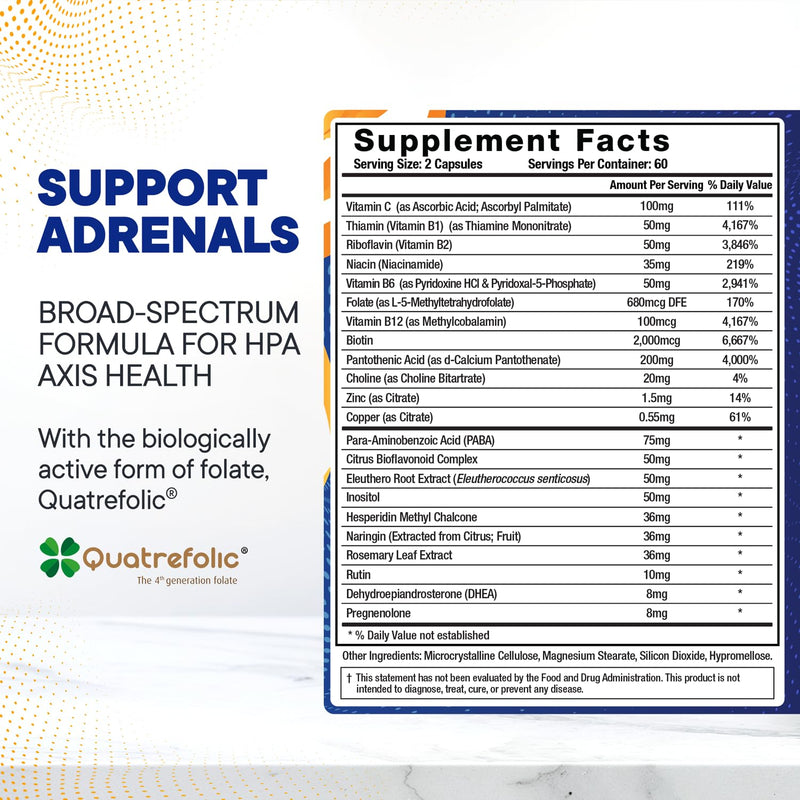 BioMatrix Adrenal Fatigue Supplement, Cortisol Manager, 5-MTHF, B Vitamins, Vitamin C, Adaptogens, Bioflavonoids, DHEA, Inositol, 30-60 Day Supply | 120 Veggie Caps