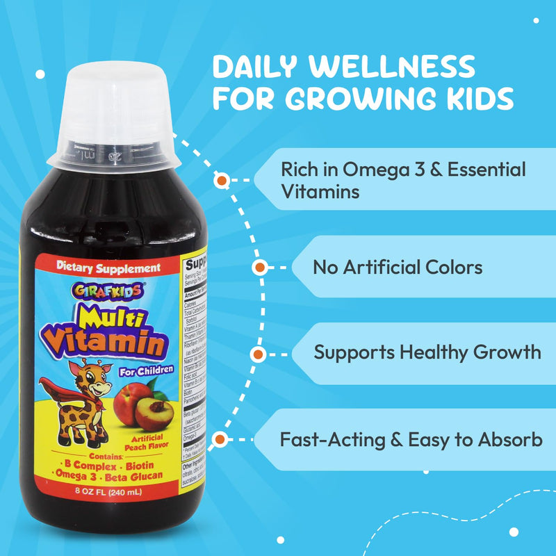 GirafKids Liquid Multivitamin for Kids with B Complex, 8 Fl Oz, Ages 4+ | Daily Child Vitamins Biotin, Vitamin A, Folic Acid, Omega-3 & Beta Glucan - Dietary Supplement for Kids Growth and Energy Peach
