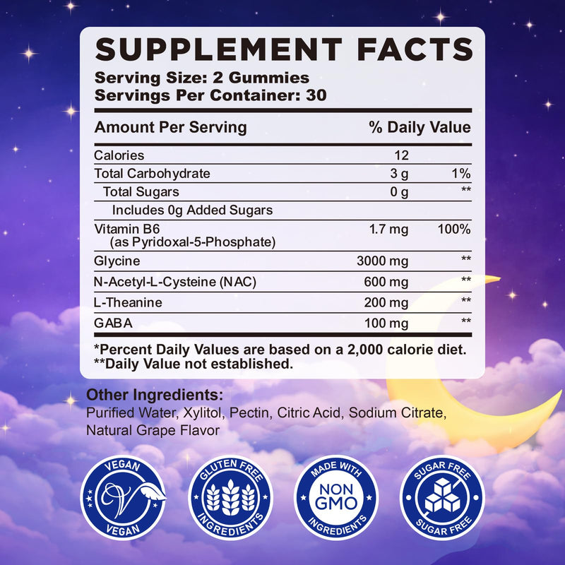 Glycine Gummies, Glycine 3g Supplements with NAC, L-Theanine, GABA, for Sleep, Relax, Nerve & Brain Support, Sugar Free, Vegan, GRAP Flavor, 120 Cts Grape 60 Count (Pack of 2)