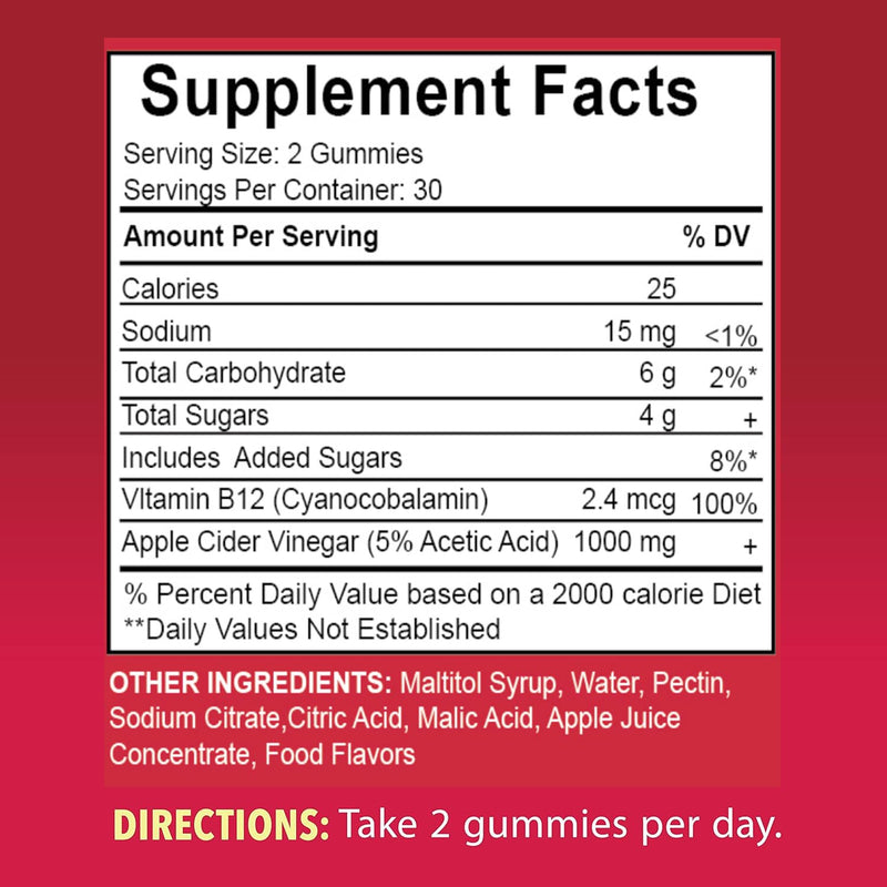 Apple Cider Vinegar Gummy, Vitamin B12, 1000 mg, Apple Flavor, Vegan, Non-GMO, Gluten Free Supplement-60 Gummies