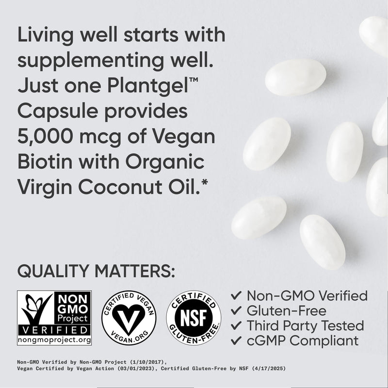 Sports Research® Biotin 5,000mcg w/Coconut Oil, 30 Count Plantgels™ | Extra Strength Vegan Biotin (Vitamin B7) for Healthy Skin and Hair Support | Non-GMO, Gluten & Soy-Free, 30 Servings