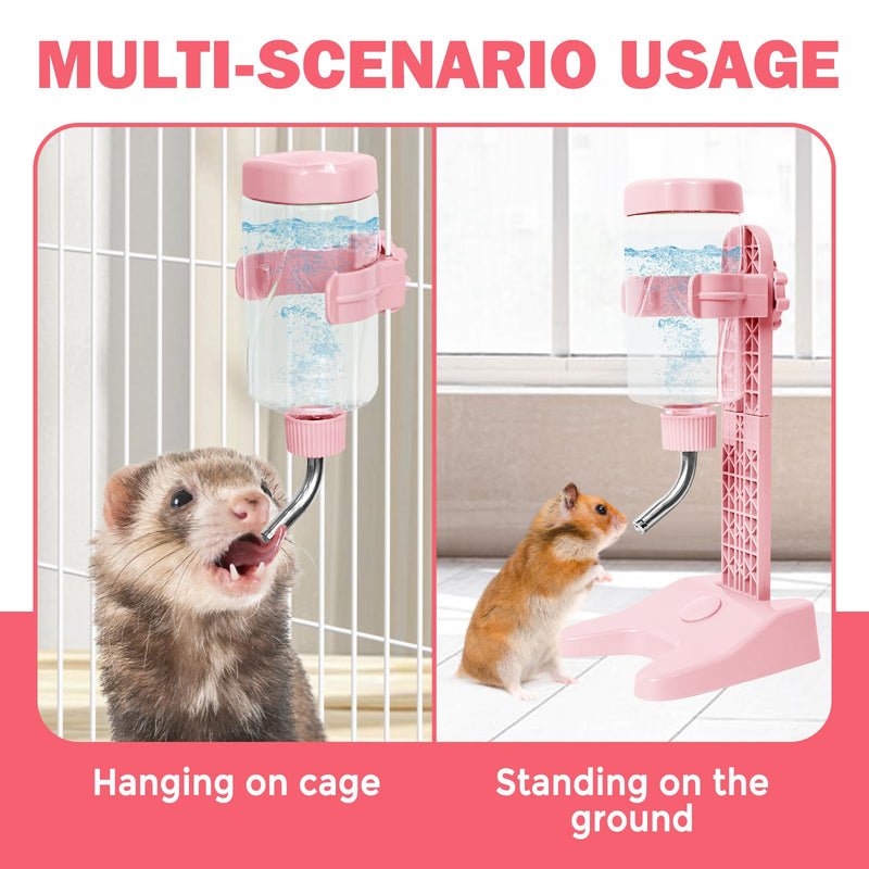 Pet Standing Water Dispenser Top Fill Dog Water Bottle Dispenser with Stand Leakproof Pet Slow Water Bottle for Small Animals, 13oz, BPA Free, Adjustable Height, Pink - BeesActive Australia