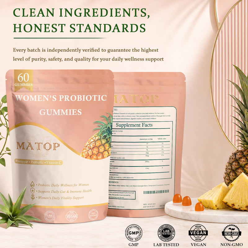 MATOP Women’s Probiotic Pineapple Gummies – Gut Health & pH Balance Daily Digestive Feminine Wellness, Vegan Sugar-Free, 60 Count 60 Count (Pack of 1)