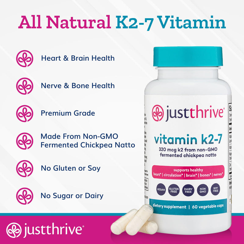Just Thrive Vitamin K2-7 Supplement for Bone, Brain & Cardiovascular Health | 60 capsules, K2-7 formula, Supports bone strength, brain health, cardiovascular wellness and everyday whole-body vitality