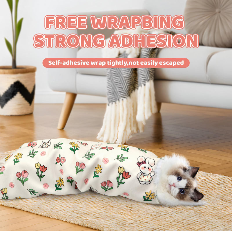 27.6" Cat Grooming Wrap for Cutting Nails, Rabbit Pattern Self-Adherent Fabric Wrap for Cats, Anti-Scratch Anti-Escape Multifunctional Cat Swaddle Tool for Teeth Brushing, Ear Cleaning L-27.6inch (within 15lbs)