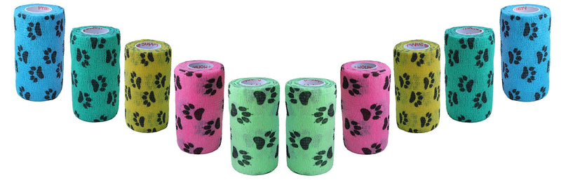 Prairie Horse Supply 4 Inch Vet Wrap Tape Bulk (Paw Prints Variety) (Pack of 12) Self Adhesive Adherent Adhering Flex Bandage Grip Roll for Dog Cat Pet 12 Rolls Paw Prints